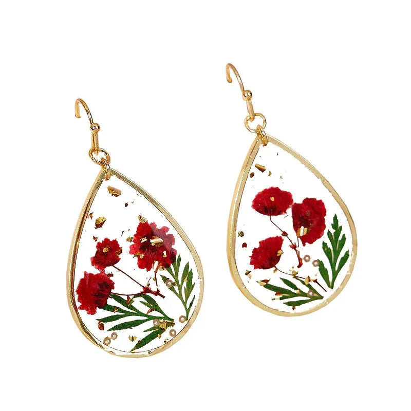Drop-shaped Epoxy Leaf-shaped Flowers Earrings - Viexta