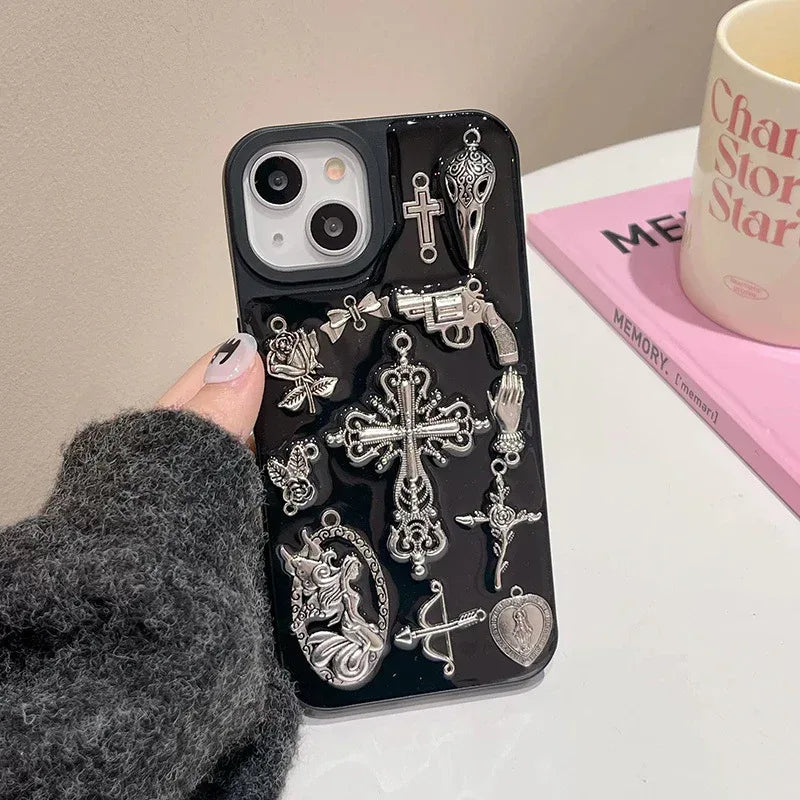 Ins Retro Dark Wind Epoxy Cross iPhone Case with Charm - Viexta