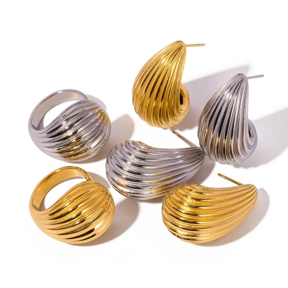Stainless Steel Stripe Drop Earrings Exaggerated Open Ring Set Exquisite Jewelry Sets for Women Gift New