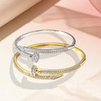 V Gold Classic Full Rhinestone Stud Bracelet with Diamond-Encrusted Ends, Thick 18K Rose Gold Plated, Luxury Couple Bracelet