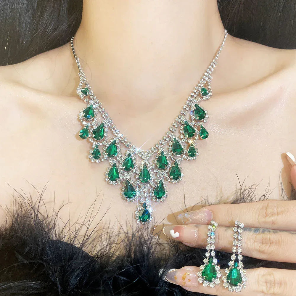 Retro Rhinestone Drop Tassel Necklace Suit - Viexta