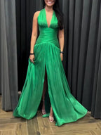 Emerald Green Plunging Neckline Gown With Pleated Skirt And Side Slit - Viexta
