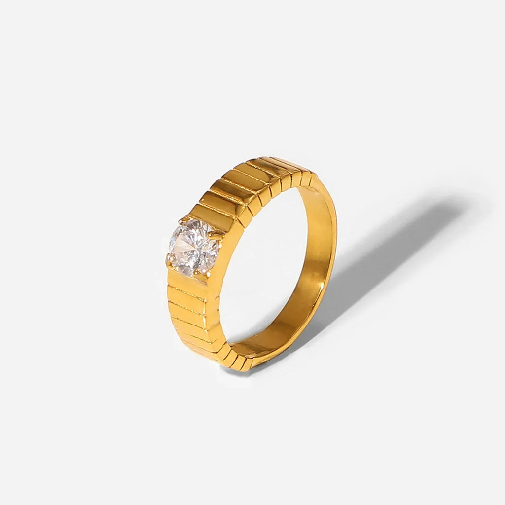 Stainless Steel Striped Solitaire Zircon Ring - Viexta
