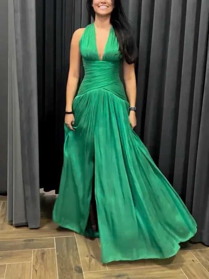 Emerald Green Plunging Neckline Gown With Pleated Skirt And Side Slit - Viexta