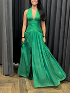 Emerald Green Plunging Neckline Gown With Pleated Skirt And Side Slit - Viexta