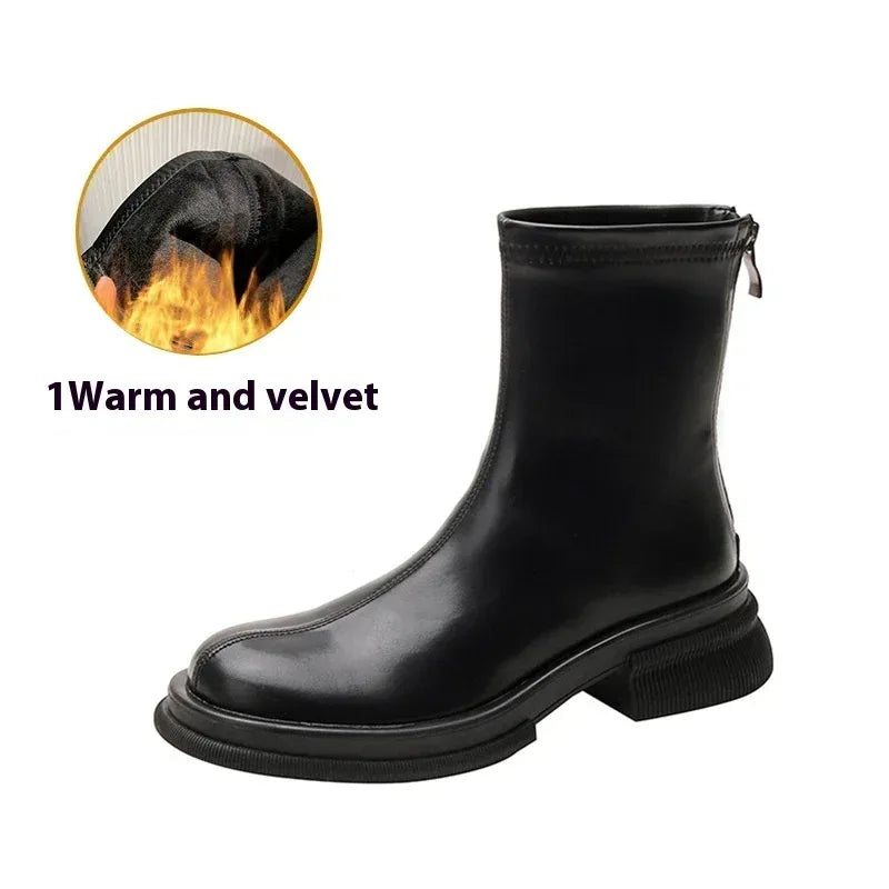 British Round Toe Solid Color Short Boots - Viexta