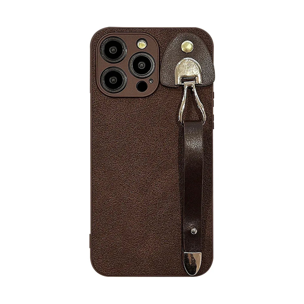 Vintage Leather Wrist Strap Premium Moon Crater iPhone Case
