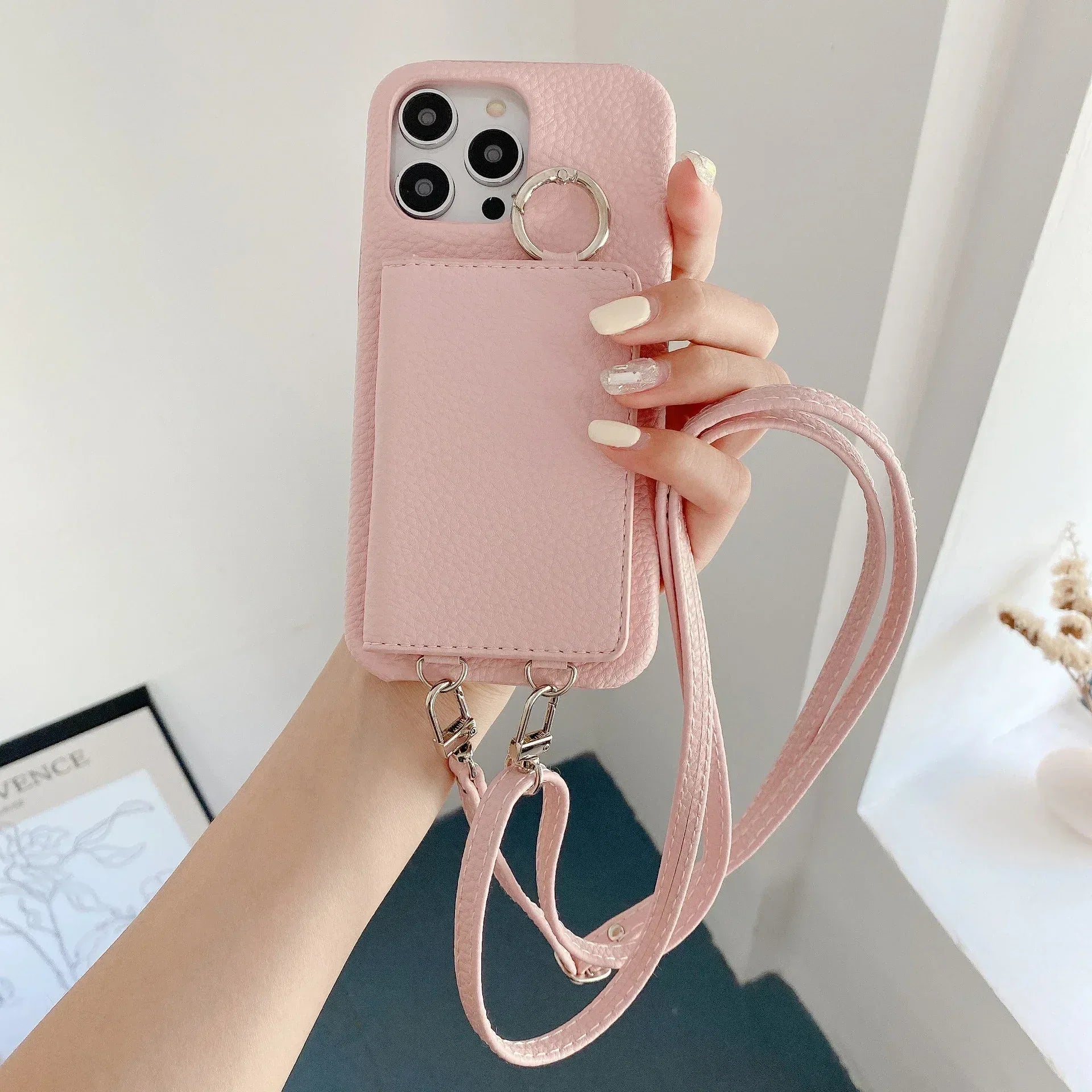 Lychee Pattern Mirror Lanyard iPhone Case - Viexta