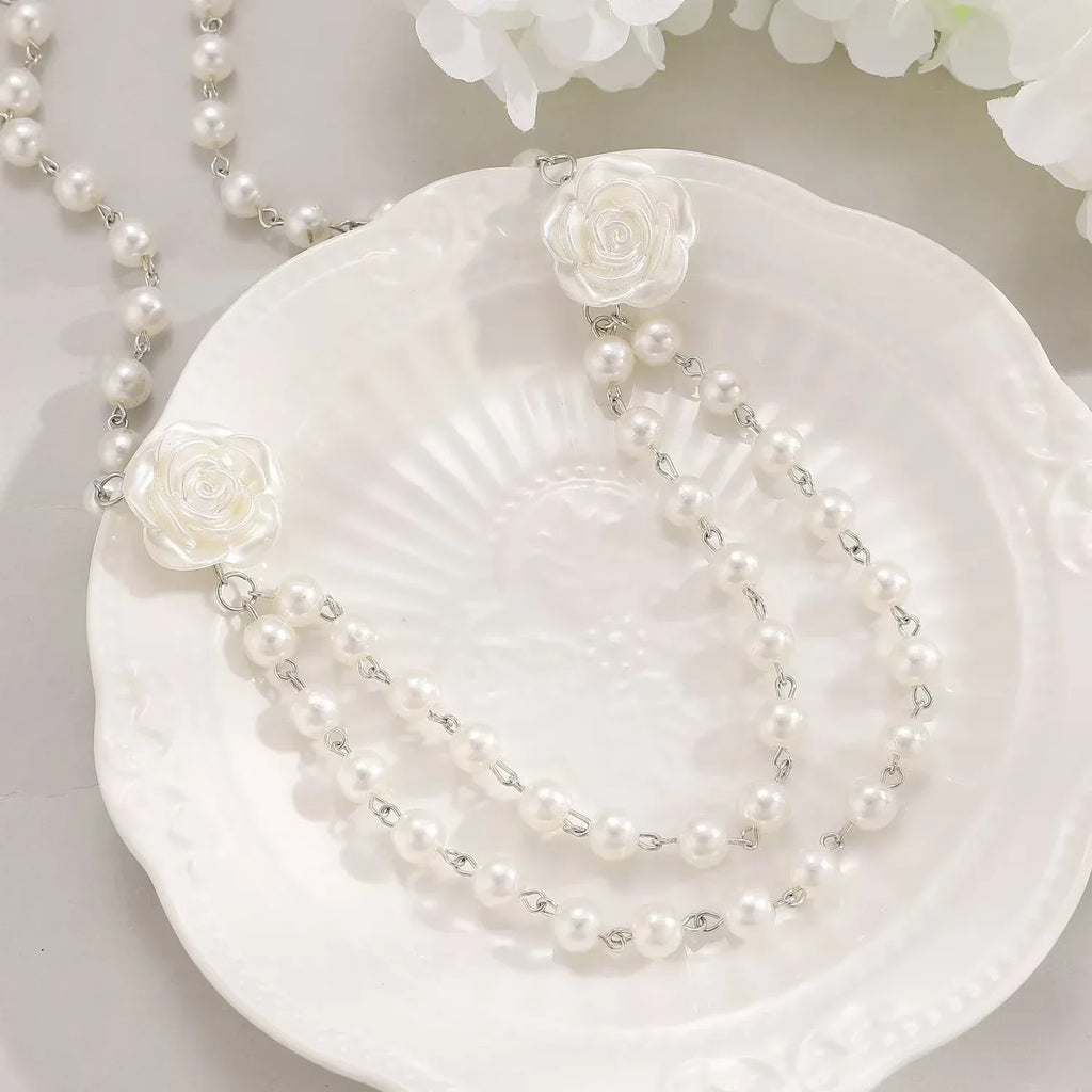 fairy-style-french-pearl-camellia-double-layer-necklace - Viexta