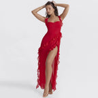 Ruffle Thigh High Split Dress - Viexta