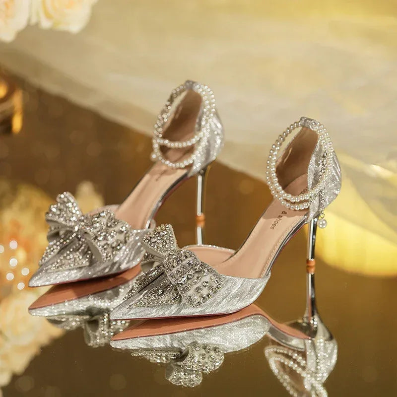 rhinestone-bow-pointy-hollow-pearl-heels - Viexta