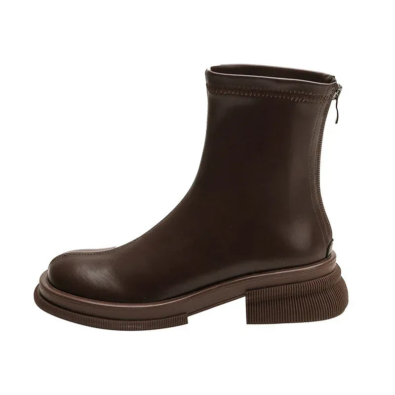 British Round Toe Solid Color Short Boots - Viexta
