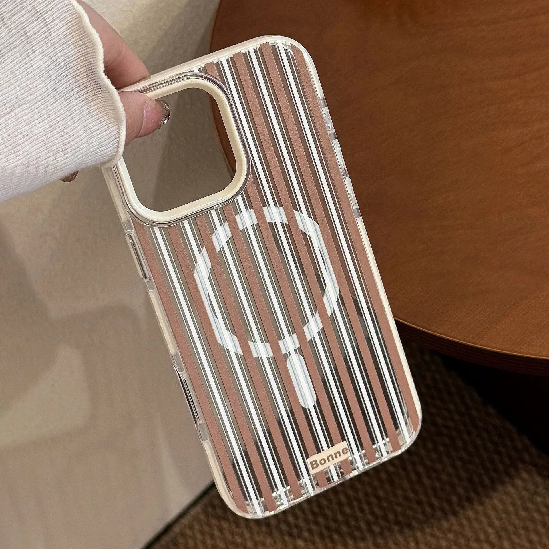 Striped Magnetic Transparent iPhone Case With Rotating Bowknot Stand - Viexta