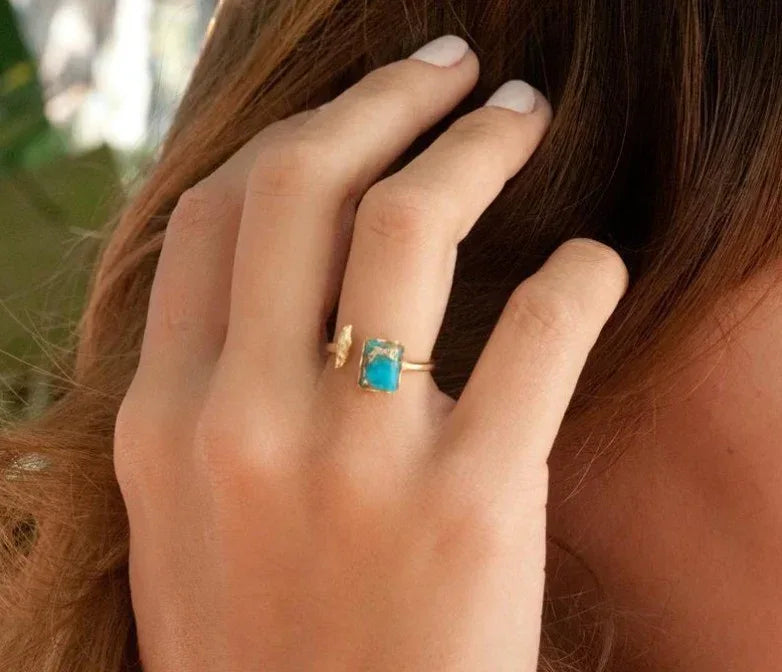 Inlaid Turquoise Open Adjustable Ring - Viexta