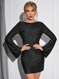 Long Sleeve Short Dress Women Sparkling Sequin Backless Lace Up Bodycon Dress For Party Wedding Club - Viexta