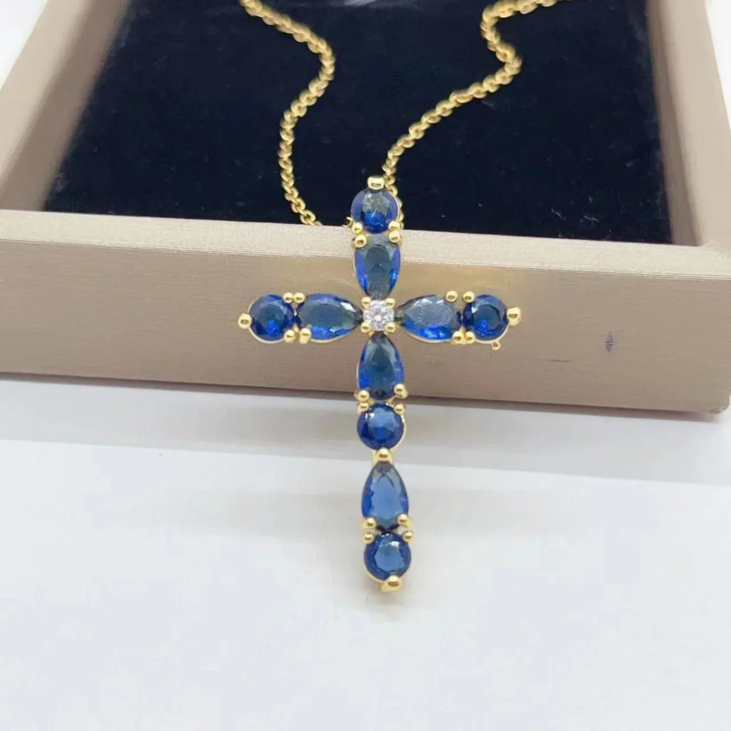 micro-inlay-colorful-zircon-water-drops-cross-necklace - Viexta