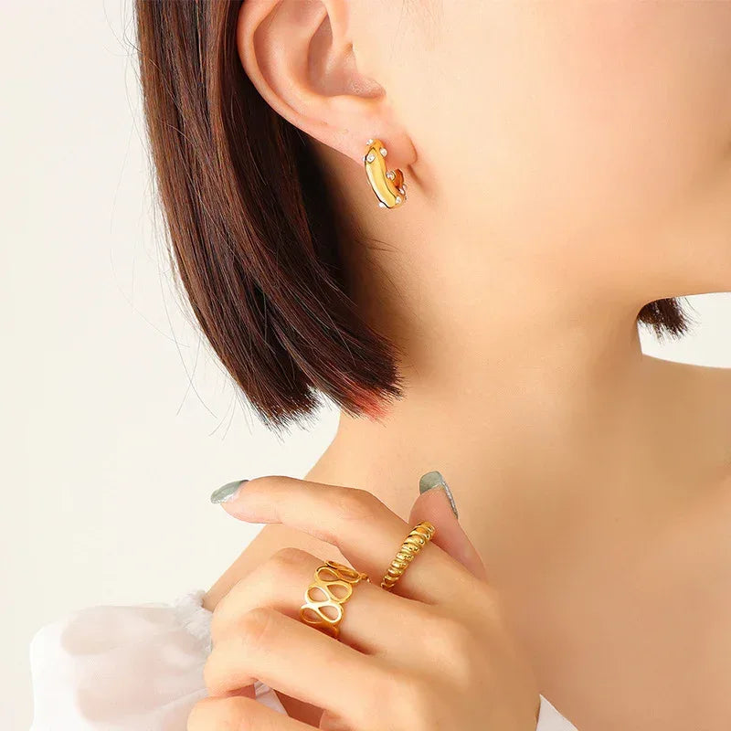 Titanium Steel Pearl Zircon Inlaid C Shape Hoops - Viexta