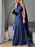 Royal Blue Satin Sleeveless Maxi Dress - Viexta