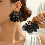 Rhinestone Chiffon Flower Stud Earrings For Women