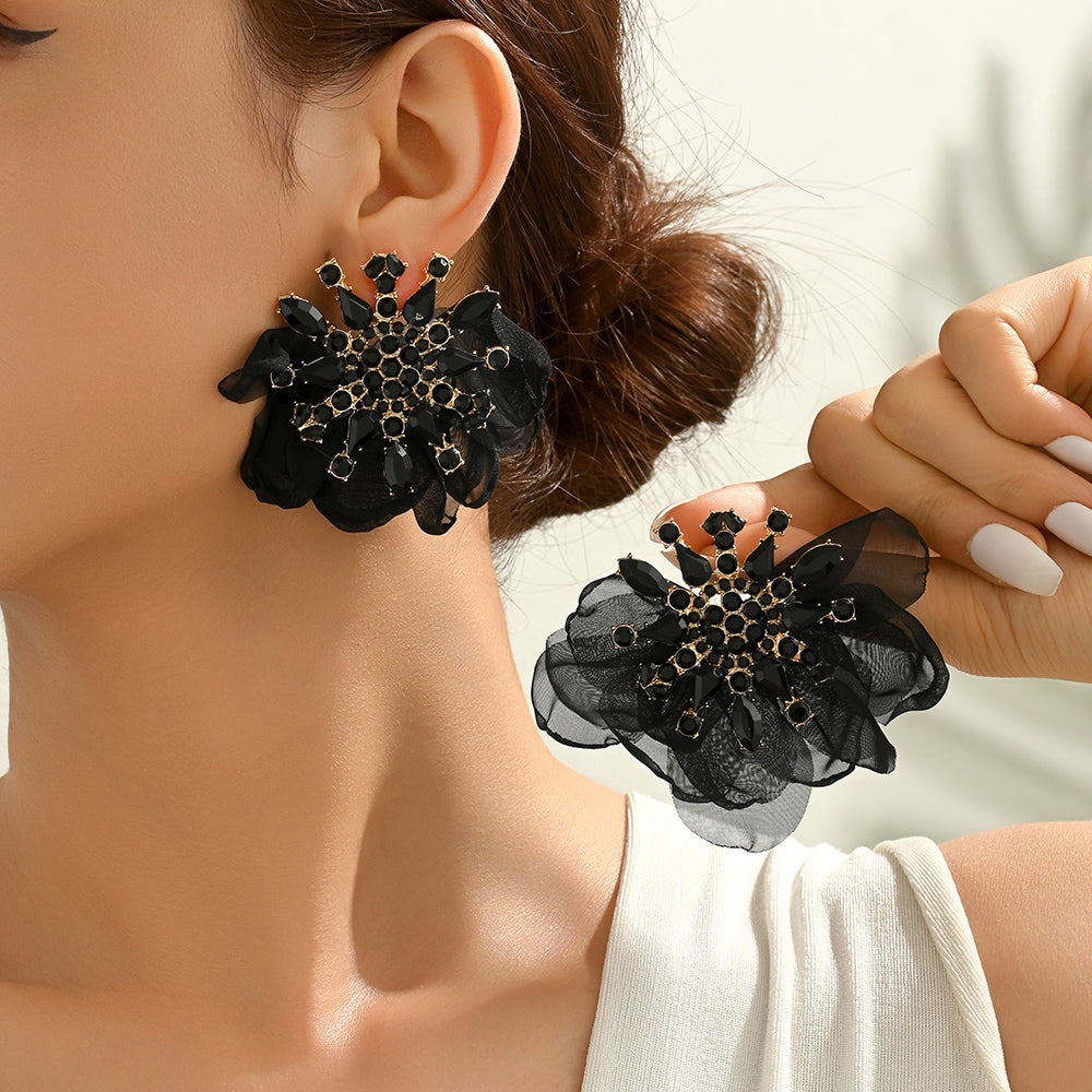 Rhinestone Chiffon Flower Stud Earrings For Women