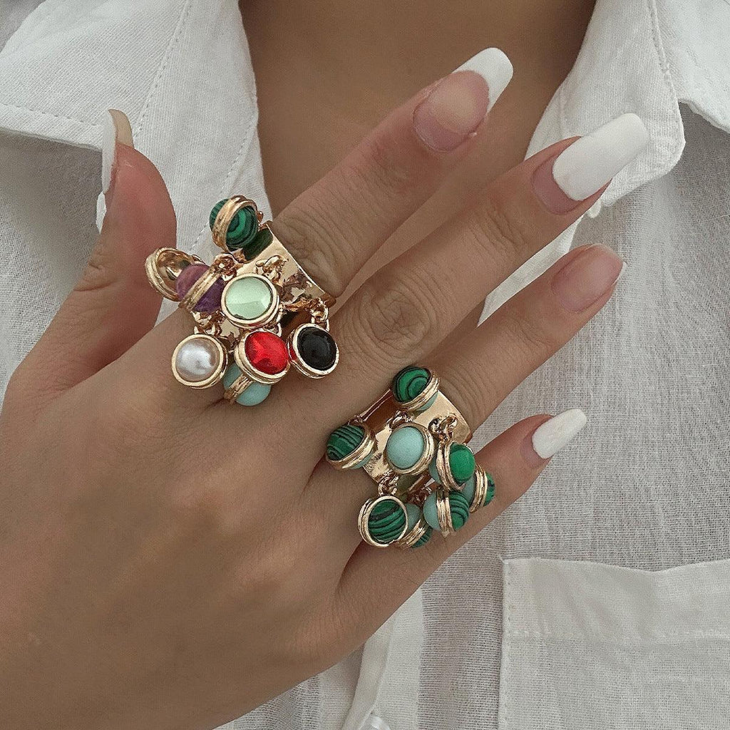 Retro Colorful Pearl Tassel Ring - Viexta