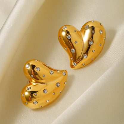 Stainless Steel  Heart-Shaped Inlaid White Diamond Stud