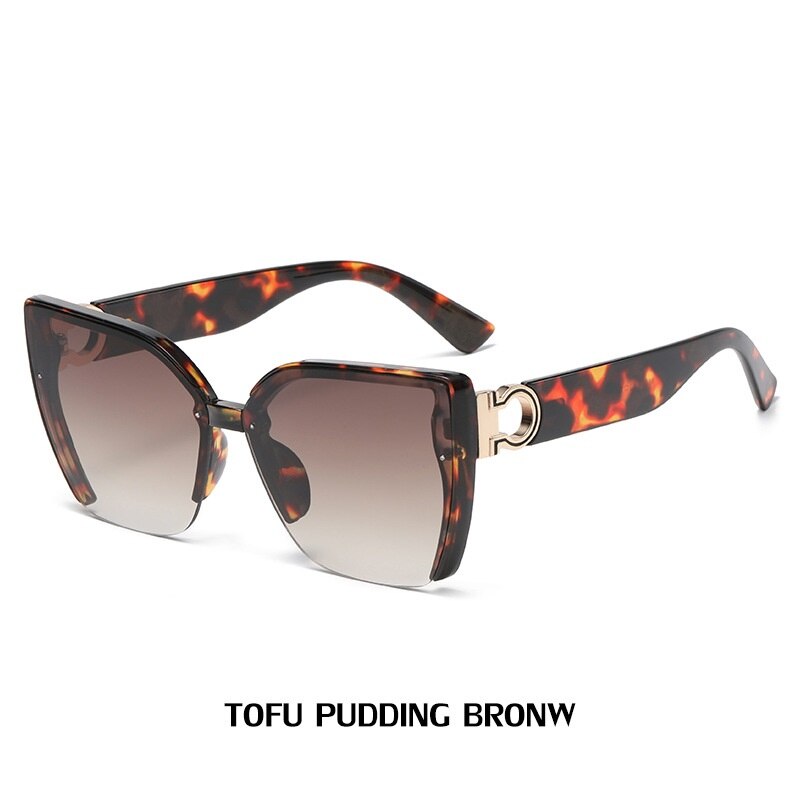 Classic Ladies Fashion Cateye Sunglasses Leopard Luxury Brand Semi Rimless Women Sunglasses