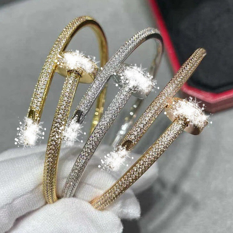 V Gold Classic Full Rhinestone Stud Bracelet with Diamond-Encrusted Ends, Thick 18K Rose Gold Plated, Luxury Couple Bracelet