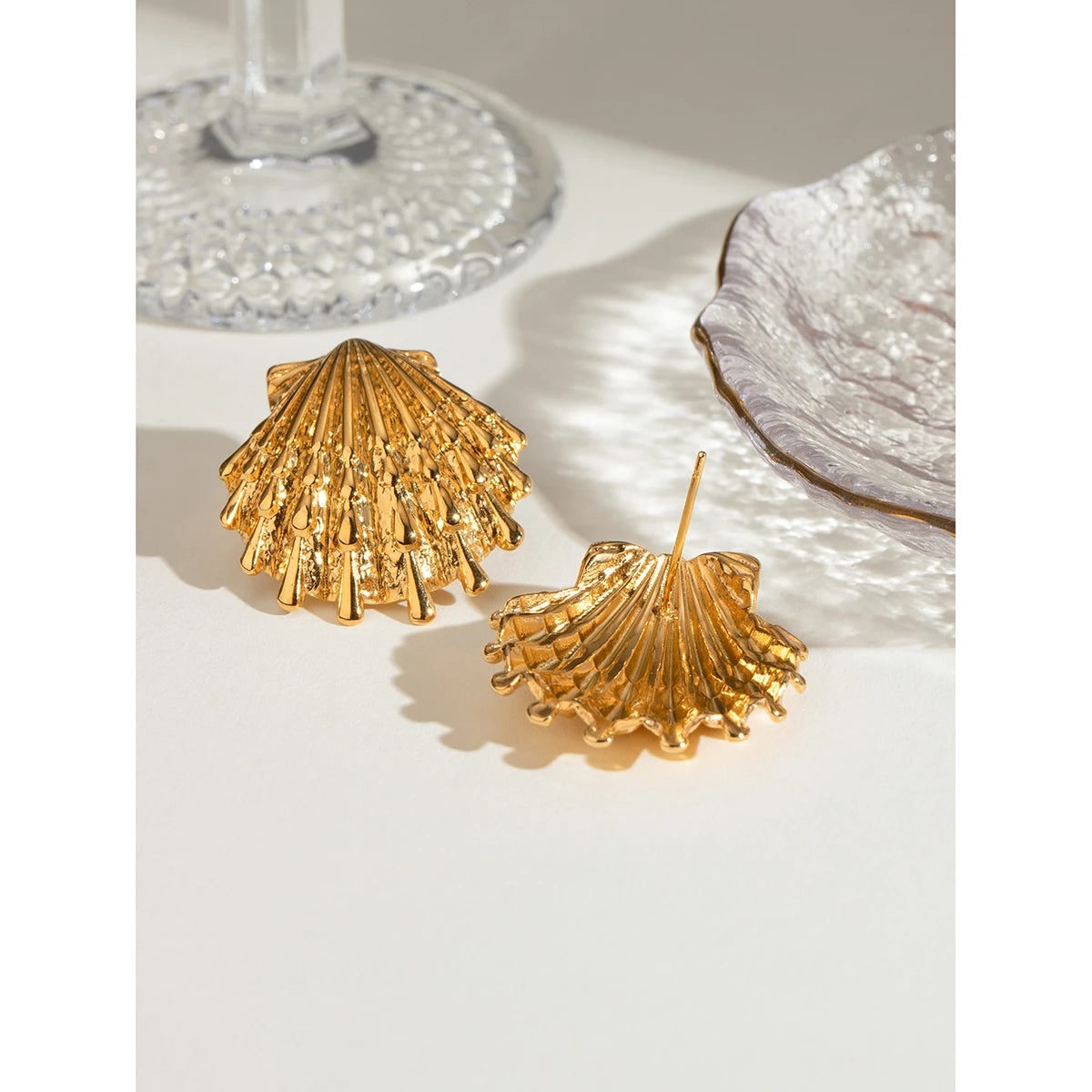 Creative Stainless Steel 18k Gold Plated Ocean Style Shell Ribbed Hammer Grain Earrings Personalized Jewelry Attractive Women