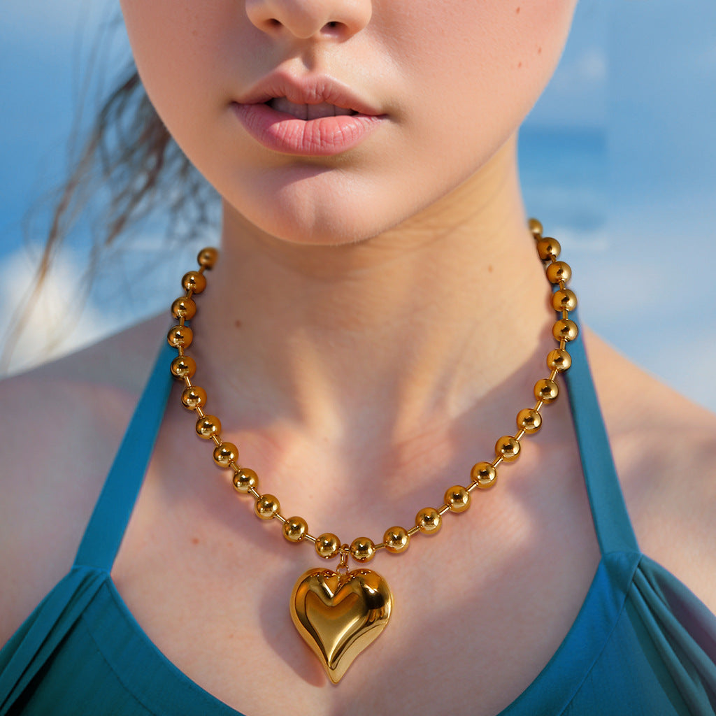 Bead chain 18K gold heart pendant necklace
