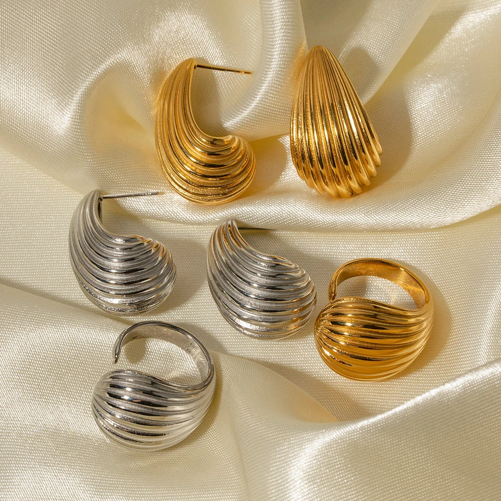 Stainless Steel Stripe Drop Earrings Exaggerated Open Ring Set Exquisite Jewelry Sets for Women Gift New
