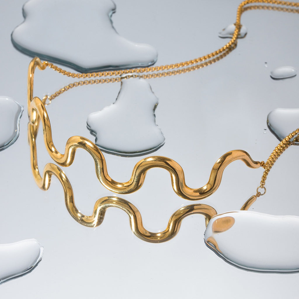 Gold Plated Stainless Steel Wave Pull Necklace Jewelry
