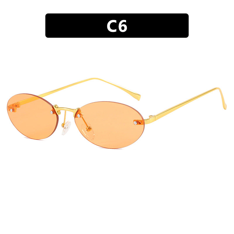 Elliptical frameless sunglasses with rivets, new fashion sunglasses, trendy street photography sunglasses for women