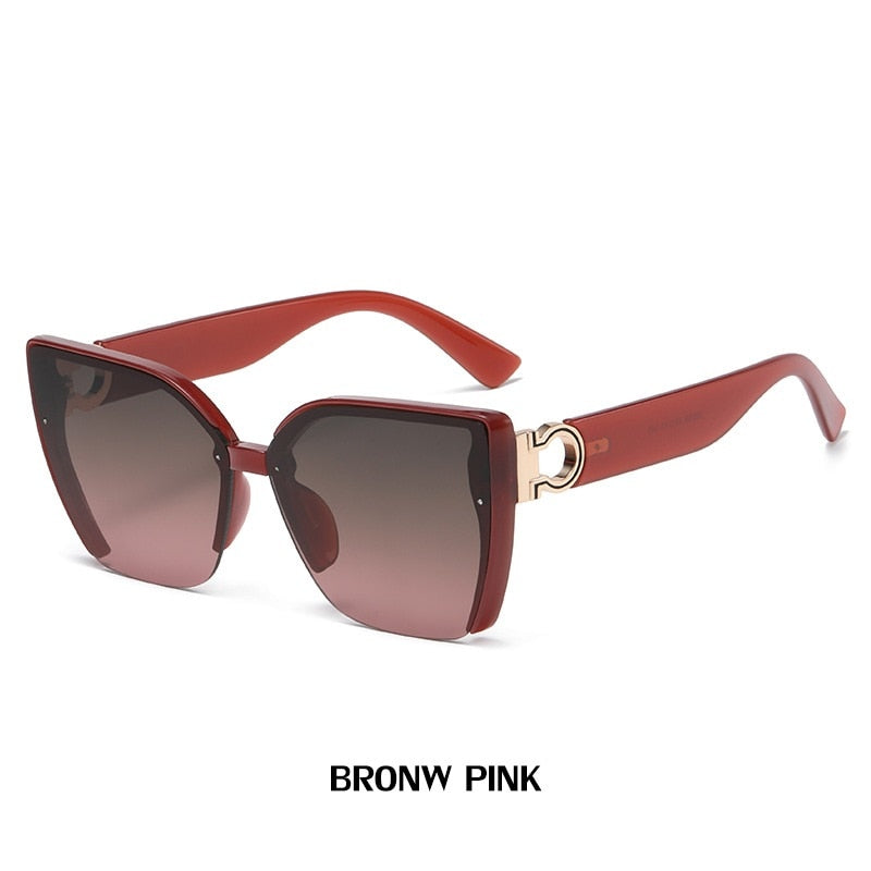Classic Ladies Fashion Cateye Sunglasses Leopard Luxury Brand Semi Rimless Women Sunglasses