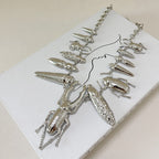 Exaggerated Hammered Texture Sparkling Rhinestone Insect Choker Necklace
