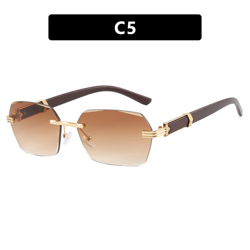Frameless cut edge sunglasses, small frame wood grain leg sunglasses, irregular square trendy sunglasses, concave design