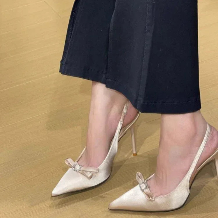 Stiletto Nude Color Low-cut Bowknot Pointed Heels - Viexta