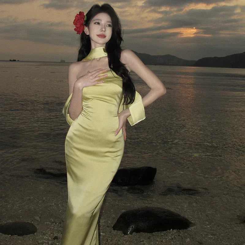 Acetate Satin Yellow Tube Dress withScarf - Viexta