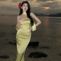 Acetate Satin Yellow Tube Dress withScarf - Viexta