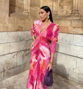 Women's Pleated Print Long Sleeve Dress - Viexta
