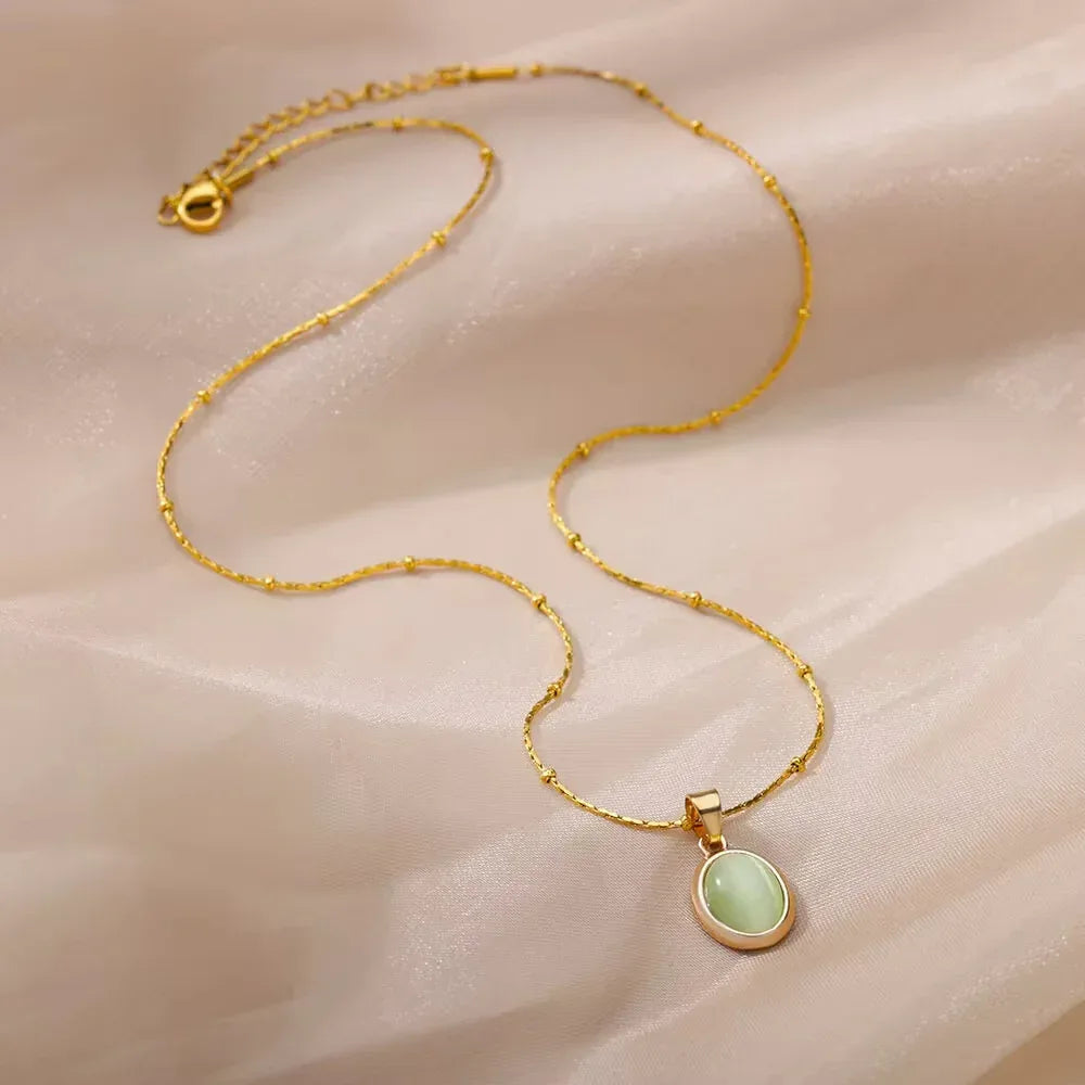 Oval Cat's Eye Pendant Titanium Steel Necklace - Viexta