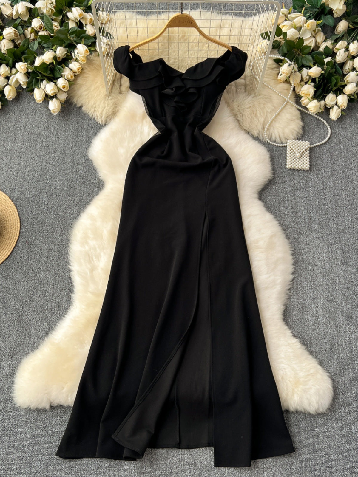 Ruffled Patchwork Waist-slimming High Slit Cocktail Dress