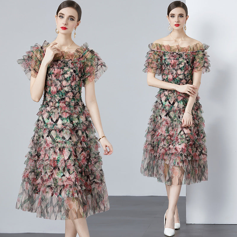 Mesh Blooming Printing Dress