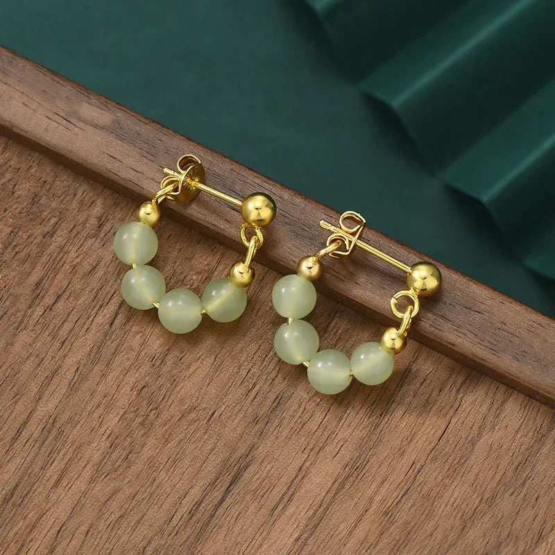Retro Green Beads String Stud Earrings - Viexta