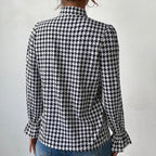 Houndstooth V-neck Long Sleeve Top - Viexta