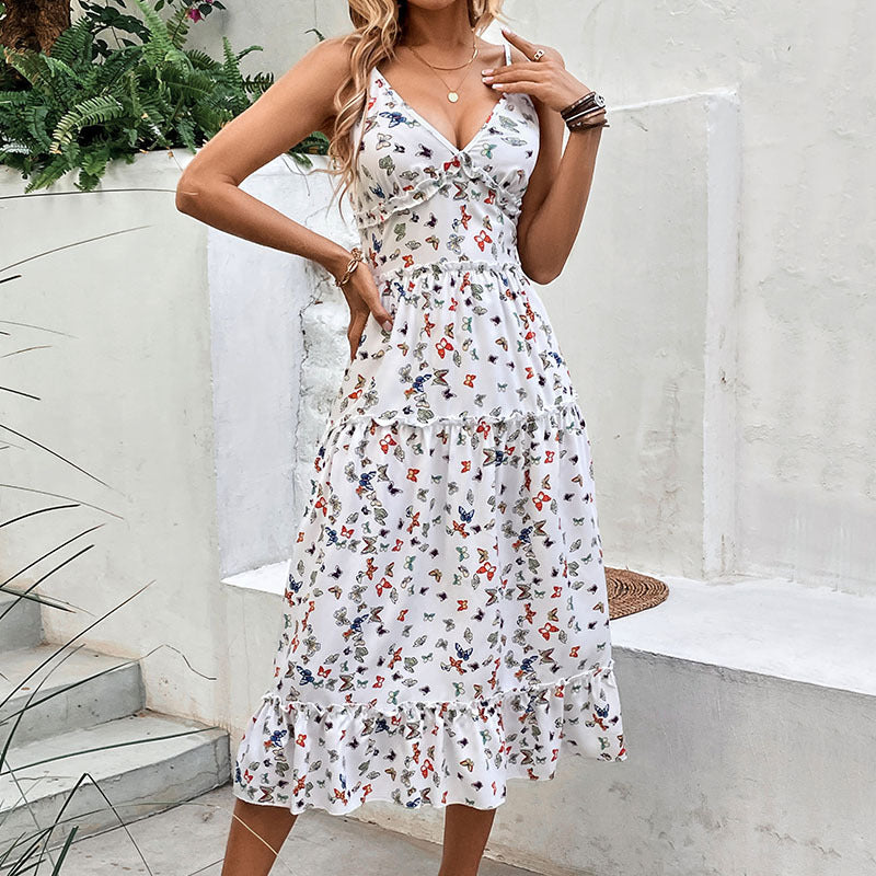 Summer V-neck Strap Printed Dress