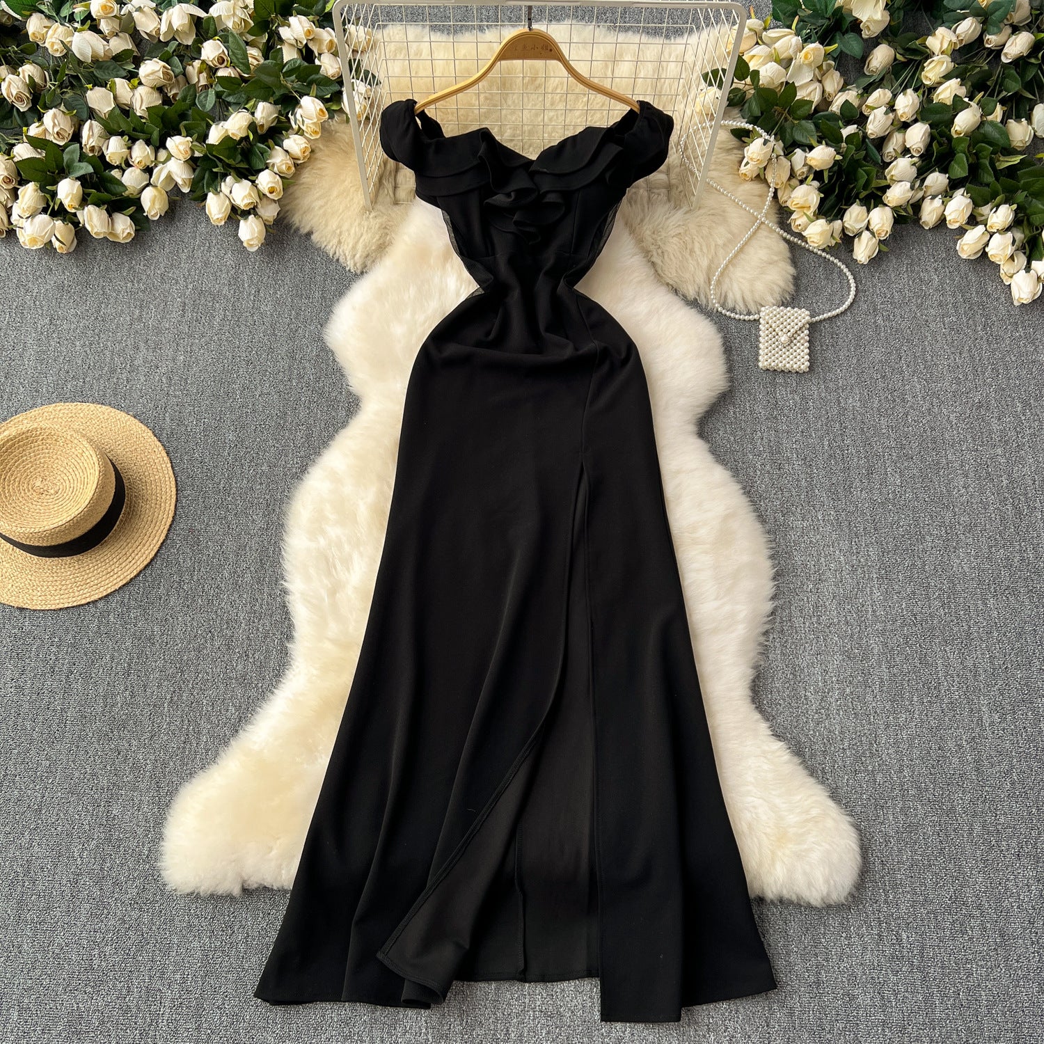 Ruffled Patchwork Waist-slimming High Slit Cocktail Dress