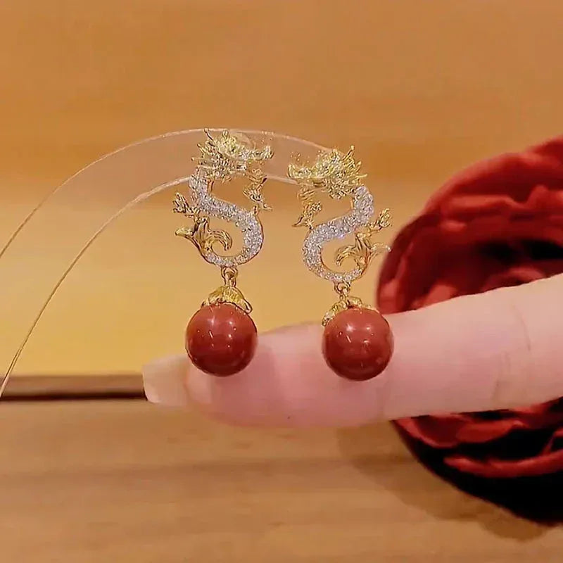 red-beads-zodiac-dragon-stud-earrings - Viexta
