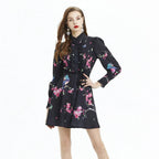 Printed Long Sleeve Waist Ruffles Dress - Viexta