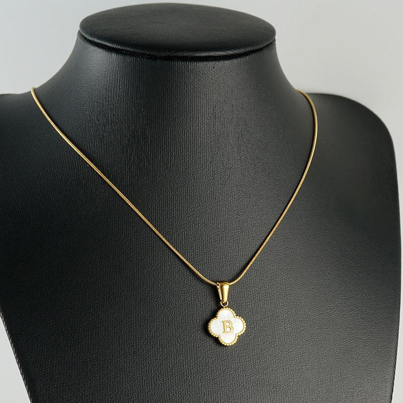 Stainless Steel Clover Shell Letter Pendant with Chain - Viexta
